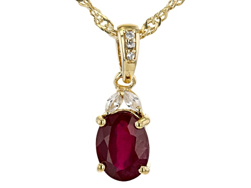 1.50ct Oval Mahaleo® Ruby And 0.11ctw White Zircon 18K Yellow Gold Over Silver Pendant Chain