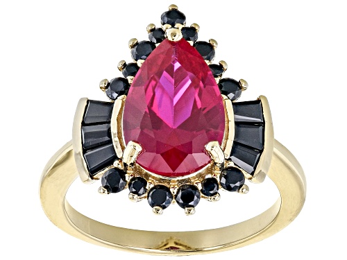 Photo of 2.76ct Pear Lab Created Ruby With 0.89ctw Black Spinel 18K Yellow Gold Over Sterling Silver Ring - Size 8