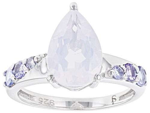 12X8mm Pear Blue Moon Quartz And 0.38ctw Round Tanzanite Rhodium Over Sterling Silver Ring - Size 9