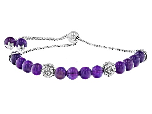 Photo of 5.5mm Round Amethyst Rhodium Over Sterling Silver Beaded Bolo Bracelet