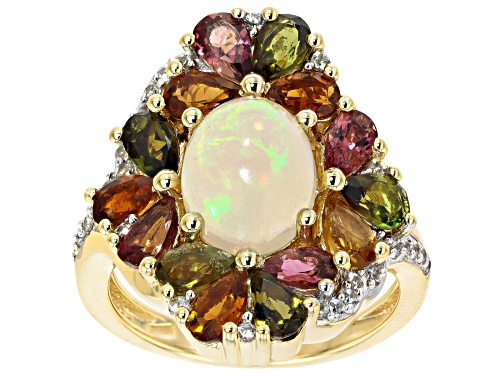 Photo of 1.51ctw Ethiopian Opal With 1.09ctw Multi Tourmaline & Zircon 18k Yellow Gold Over Silver Ring - Size 7