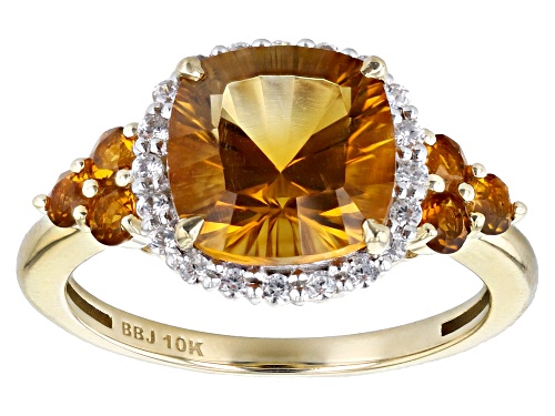 Photo of 2.50ct Concave Cushion & 0.20ctw Round Madeira Citrine and 0.15ctw White Zircon 10k Yellow Gold Ring - Size 6