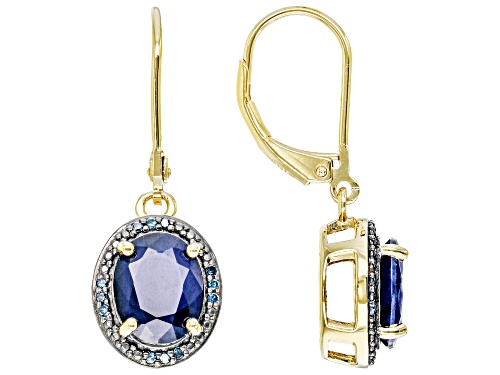 3.57ct Oval Blue Sapphire With 0.08ctw Round Blue Diamond 18k Yellow Gold Over Silver Earrings