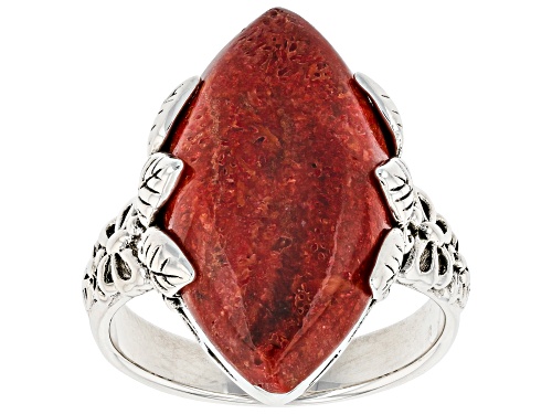 22x12mm Marquise Sponge Red Coral Sterling Silver Ring - Size 8