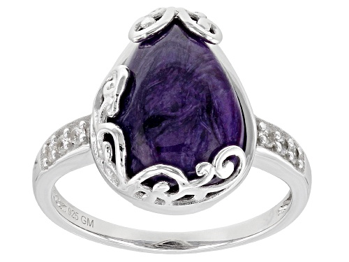 Photo of 14x10mm Pear Cabochon Charoite And 0.11ctw Round White Zircon Rhodium Over Sterling Silver Ring - Size 10