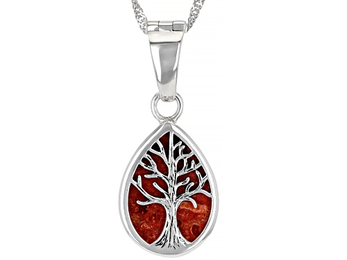 Photo of 18x13mm Pear Shape Sponge Red Coral Sterling Silver Tree Of Life Pendant Enhancer With Chain