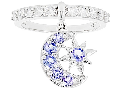 0.56ctw Round Tanzanite and 0.90ctw White Zircon Rhodium Over Silver Moon and Star Charm Ring - Size 7