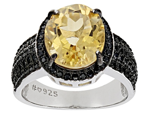 Photo of 3.33ct Oval Citrine And 0.67ctw Round Black Spinel Rhodium Over Sterling Silver Ring - Size 9