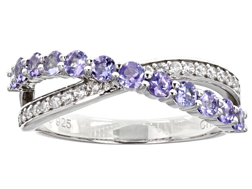 0.64ctw Round Tanzanite And 0.29ctw Round White Zircon Rhodium Over Sterling Silver Band Ring - Size 6