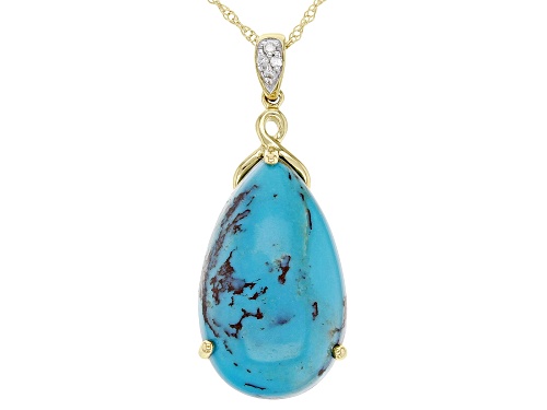 18x11mm Pear Shaped Kingman Turquoise With 0.01ctw Diamond Accent 10k Yellow Gold Pendant Chain