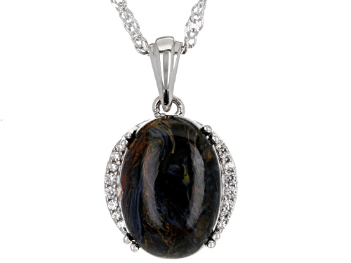 14x10mm Pietersite With 0.56ctw White Zircon Rhodium Over Sterling Silver Pendant With Chain