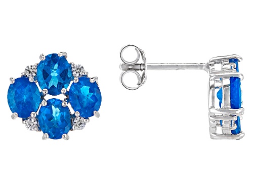Exotic Jewelry Bazaar™ 2.51ctw Oval Neon Blue Apatite With .12ctw Zircon Silver 4-Stone Earrings