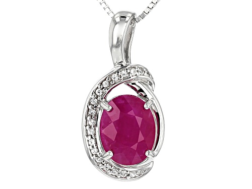 Exotic Jewelry Bazaar™ 3.18ct Kenya Ruby, White Zircon Rhodium Over Silver Pendant with Chain