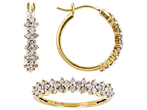 Engild™ 1.10ctw Round White Diamond 14k Yellow Gold Over Sterling Silver Ring & Earring Jewelry Set