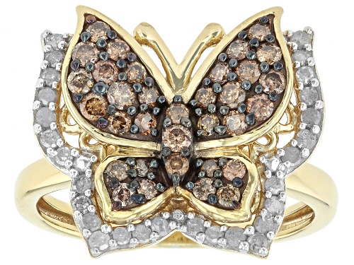 Engild™ 0.75ctw Champagne And White Diamond 14k Yellow Gold Over Sterling Silver Butterfly Ring - Size 6