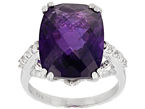 Photo of 8.20ct Checkerboard Cut African Amethyst With .30ctw White Topaz Rhodium Over Silver Ring - Size 7