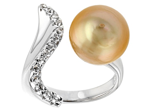 Photo of 11-12mm Golden Cultured South Sea Pearl With 0.44ctw White Topaz Rhodium Over Silver Ring - Size 11