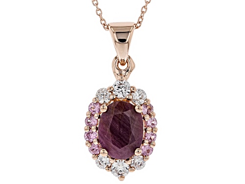 3.01ctw Indian Ruby, Pink Sapphire & White Zircon 18k Rose Gold Over Silver Pendant With Chain