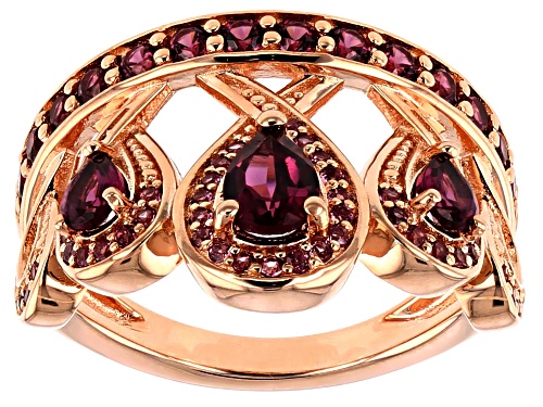 1.45CTW PEAR SHAPE AND ROUND RASPBERRY COLOR RHODOLITE 18K ROSE GOLD OVER SILVER CROWN RING - Size 6