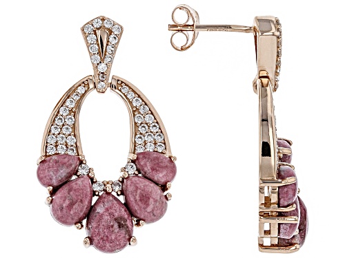 Pear Shape Thulite With .61ctw White Zircon 18k Rose Gold Over Sterling Silver Dangle Earrings