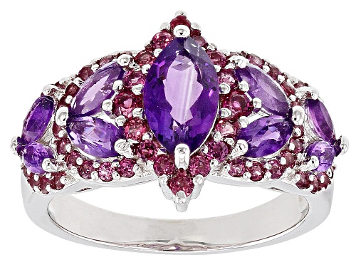 Photo of 1.35ctw Marquise African Amethyst & .74ctw Raspberry Color Rhodolite Rhodium Over Silver Ring - Size 9