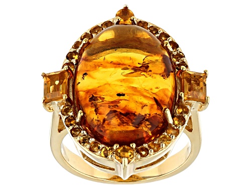 18x13mm Oval Cabochon Amber & .80ctw Citrine 18k Gold Over Silver Ring - Size 7