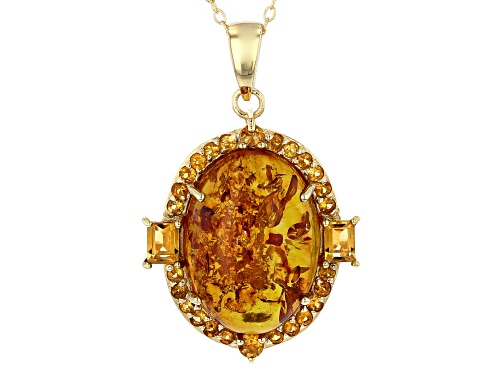18x13mm Oval Cabochon Amber W/ .81ctw Citrine 18k Gold Over Silver Pendant W/ Chain
