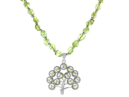 1.60ctw Round & 4x6mm Nugget Manchurian Peridot(TM) Silver Tree of Life Bead Necklace - Size 18