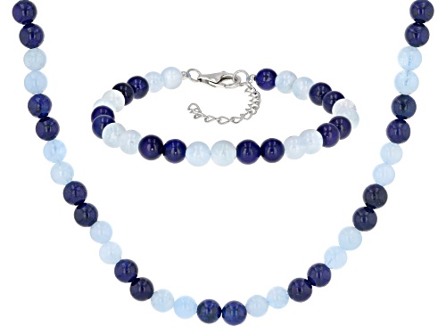 6mm Round Lapis Lazuli & Aquamarine Beads Sterling Silver Necklace & Bracelet Set