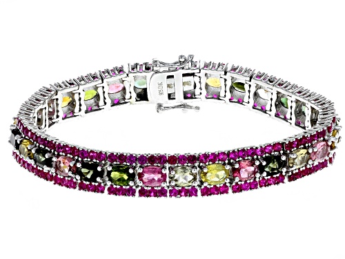 11.65ctw Oval Mixed-Color Tourmaline & 7.23ctw Lab Created Ruby Rhodium Over Silver Bracelet - Size 7.25