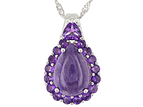 14x10mm Pear Shape Charoite & 1.43ctw African Amethyst Rhodium Over Silver Pendant W/Chain