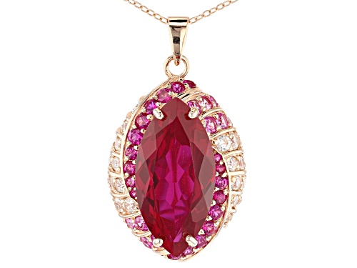 16.92ctw Lab Ruby, Lab Pink Sapphire & White Zircon 18k Rose Gold Over Silver Pendant w/ Chain