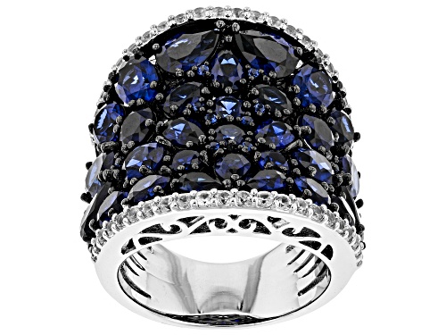 8.23CTW LAB CREATED BLUE SAPPHIRE WITH .79CTW WHITE ZIRCON RHODIUM OVER STERLING SILVER RING - Size 7