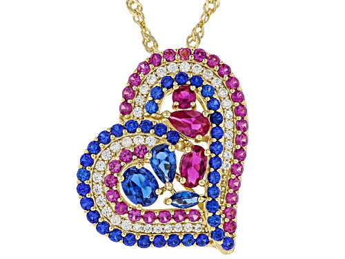 Photo of 2.24ctw Lab Blue Spinel & Ruby, .34ctw White Zircon 18k Gold Over Silver Heart Pendant W/Chain