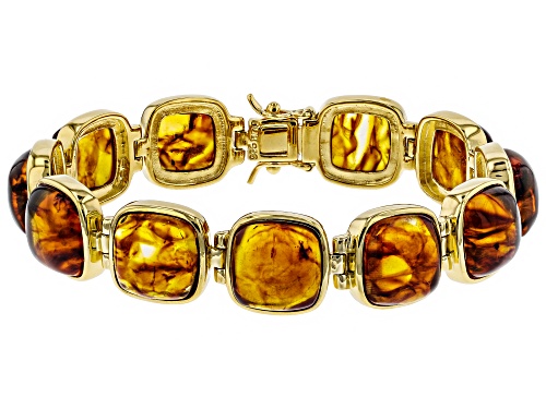 12X12MM SQUARE CABOCHON AMBER 18K YELLOW GOLD OVER STERLING SILVER BRACELET - Size 8