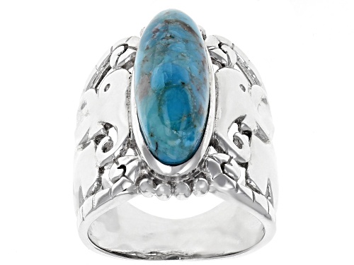 Photo of 21X7MM OVAL CABOCHON TURQUOISE SOLITAIRE RHODIUM OVER SILVER ELEPHANT DETAIL RING - Size 7