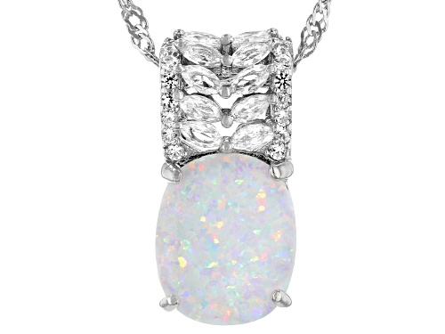 Photo of 11x9mm Cushion Lab Opal And 0.47ctw Lab White Sapphire Rhodium Over Silver Pendant With Chain