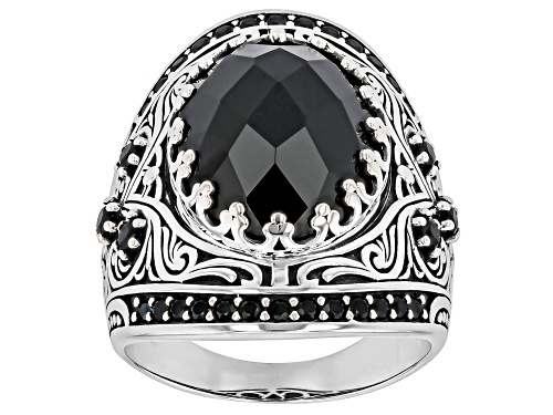8.57ct Oval And 0.65ctw Round Black Spinel Rhodium Over Sterling Silver Ring - Size 6