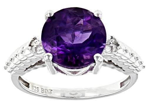 Photo of 2.03ct Round African Amethyst and 0.03ctw White Diamond Accent Rhodium Over Sterling Silver Ring - Size 9
