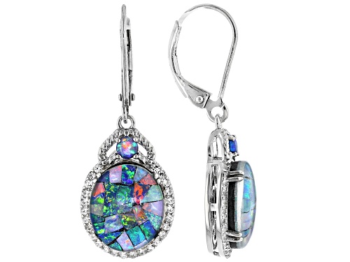 12x10mm Oval Mosaic Opal Triplet, Lab Blue Opal, 0.11ctw Lab Sapphire Rhodium Over Silver Earrings
