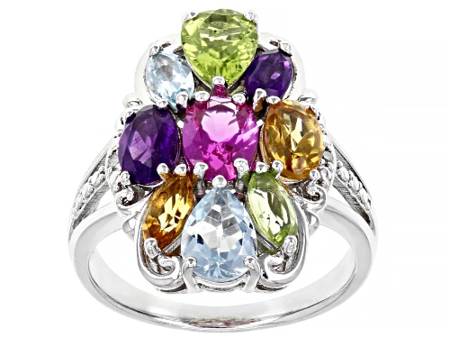 Photo of 3.74ctw Mixed shapes Multi Gem With 0.01ctw Diamond Accent Rhodium Over Sterling Silver Ring - Size 8