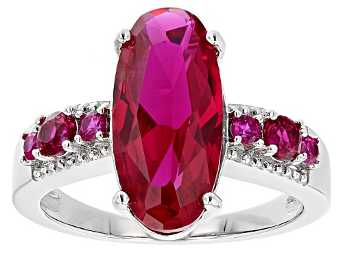 Photo of 3.40ct Oval And 0.37ctw Round Lab Created Ruby Rhodium Over Sterling Silver Ring - Size 8