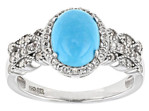 Photo of 9x7mm Oval Cabochon Sleeping Beauty Turquoise and 0.29ctw White Topaz Rhodium Over Silver Ring - Size 9