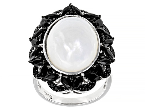 Photo of 18x13mm Oval Mother Of Pearl With 2.13ctw Black Spinel Rhodium Over Silver Ring - Size 7