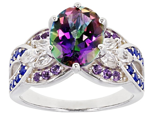 Photo of 3.56ctw Mystic Fire ® Topaz , Amethyst, Lab Blue Spinel & White Zircon Rhodium Over Silver Ring - Size 8