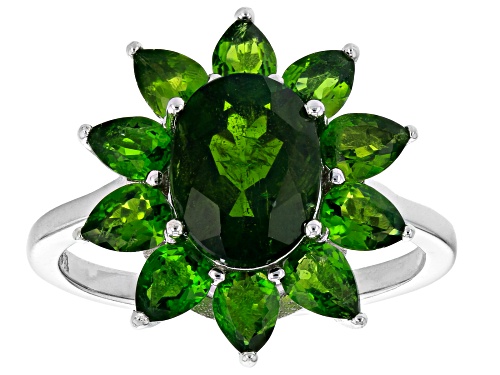 1.71ct oval and 1.44ctw pear shaped chrome diopside rhodium over sterling silver ring - Size 8