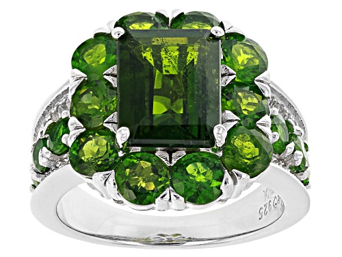 5.75ctw emerald cut & round chrome diopside with .23ctw round white zircon rhodium over silver ring - Size 7