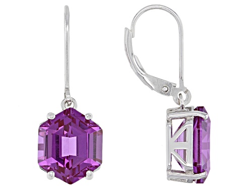 Photo of 9.91ctw Hexagon Lab Created Color Change Sapphire Solitaire Rhodium Over Silver Dangle Earrings