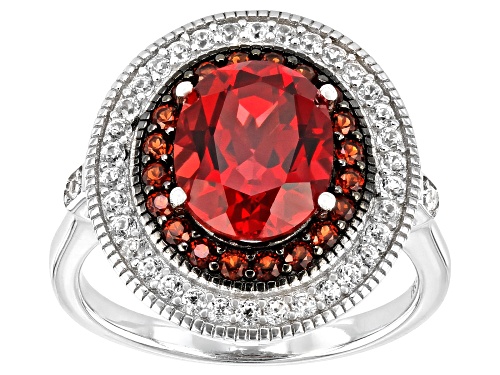3.32ct Oval Lab Padparadscha Sapphire, .30ctw Garnet & .42ctw White Zircon Rhodium Over Silver Ring - Size 5