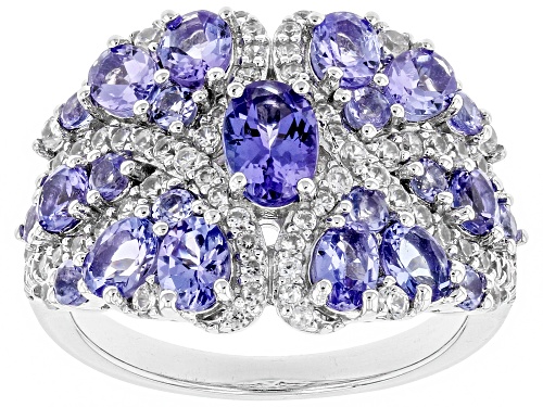 2.15ctw Mixed Shape Tanzanite with .67ctw Round White Zircon Rhodium Over Sterling Silver Ring - Size 9